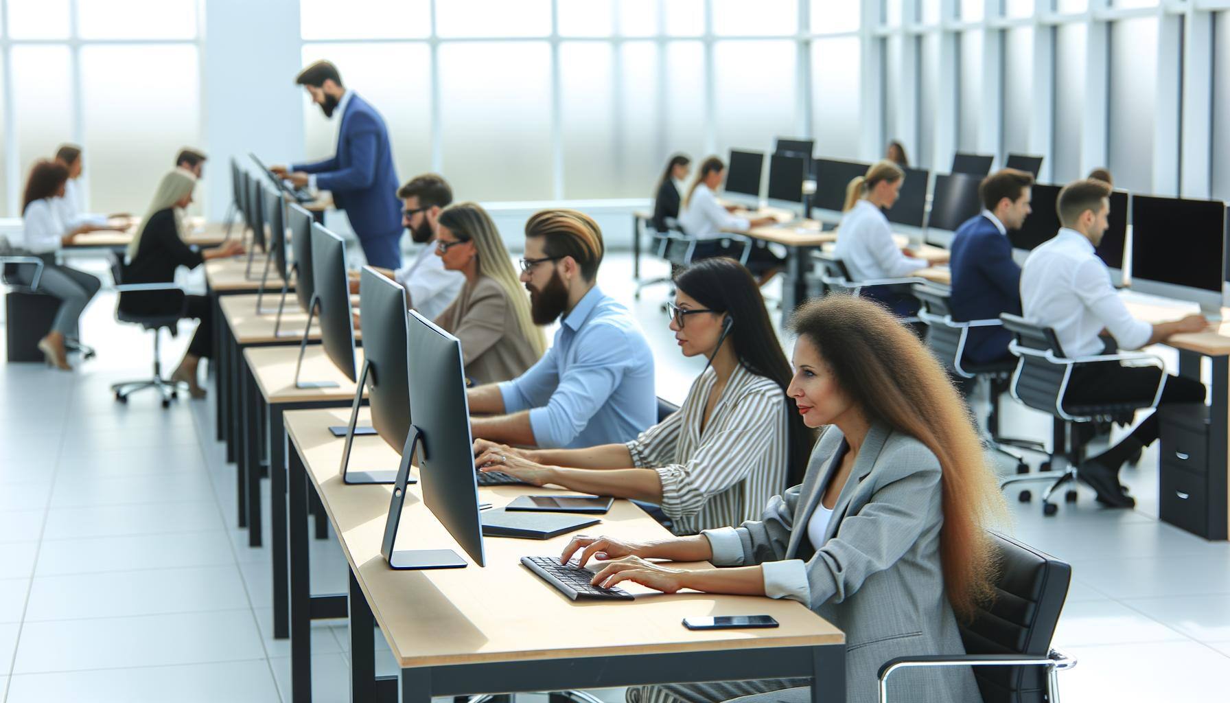 personas trabajando en su computadora en escritorios