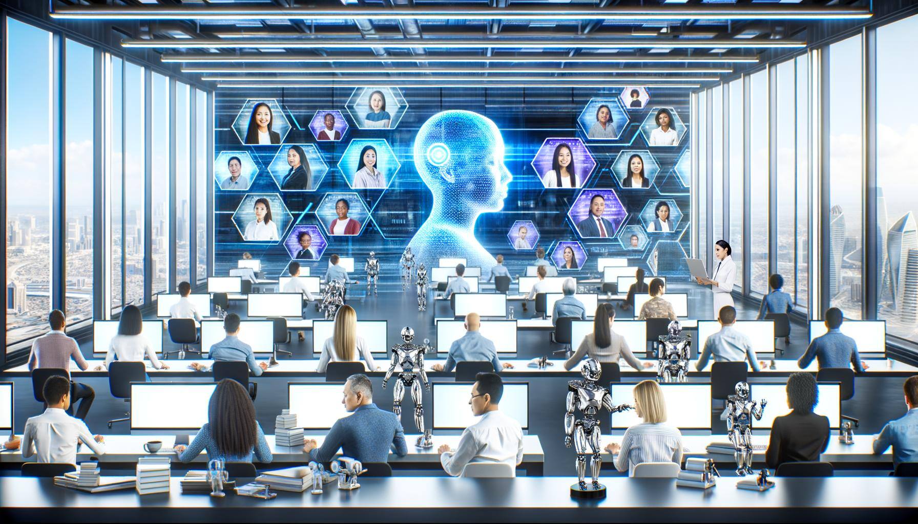 personas trabajando en sus computadoras, dentro de una gran oficina