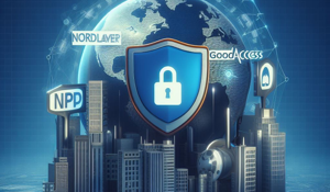 Ilustración de ficción sobre seguridad informática por VPN con edificios, escudos y candados